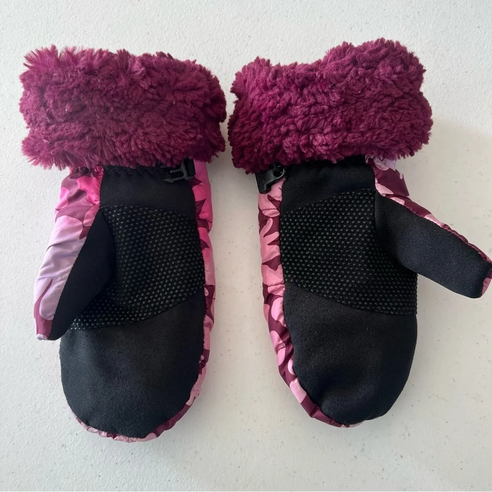 The North Face Girls Mossbud Swirl Mittens Floral Size XL Faux Fur Pink Lined